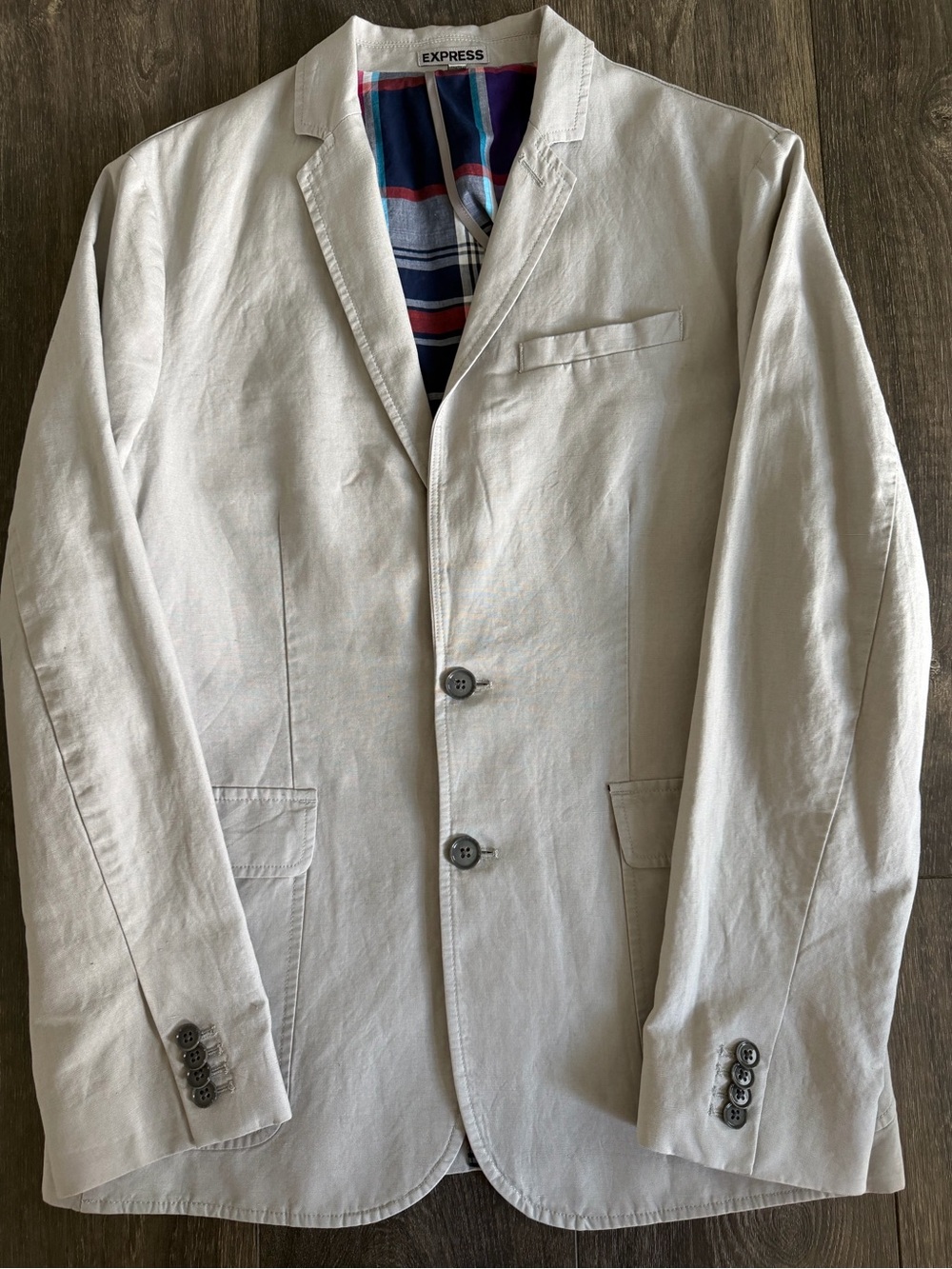 Express Men's Light Cream Blazer with Navy Plaid Lining